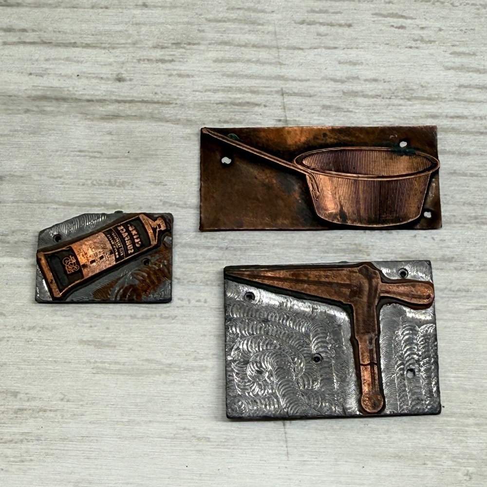 Vintage Copper Letterpress Printing Blocks Cling-Surface Industrial Art Set 3